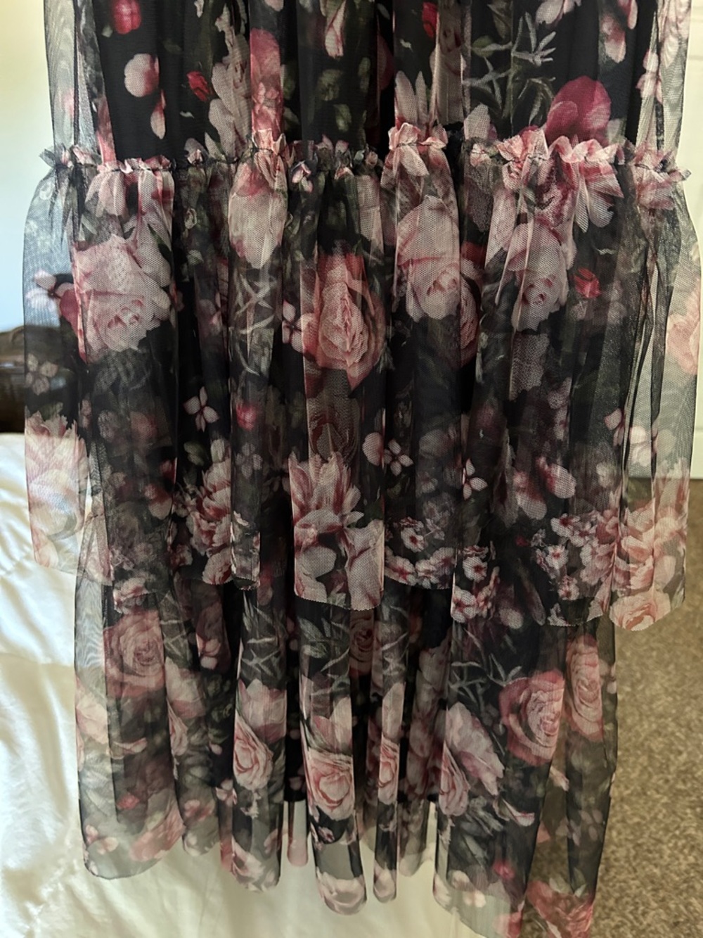 Lulu's Black Floral Tiered Mesh Maxi Dress with Pink Roses - Picture 8 of 15